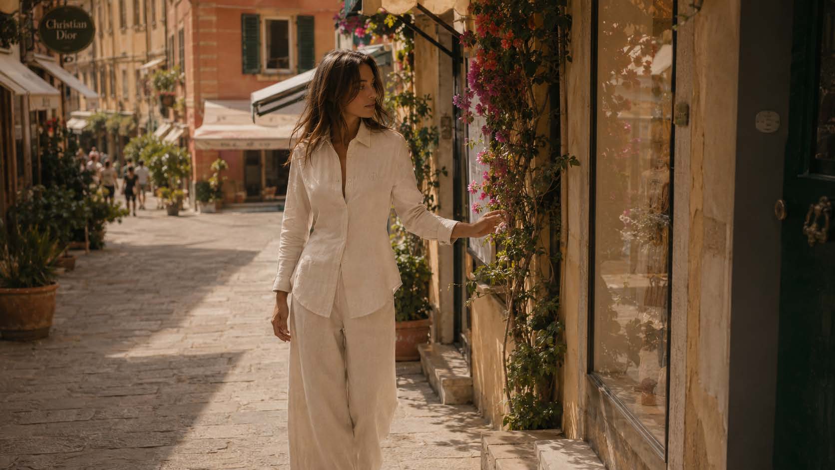 Frau in Leinen spaziert durch eine sonnige Gasse in Portofino